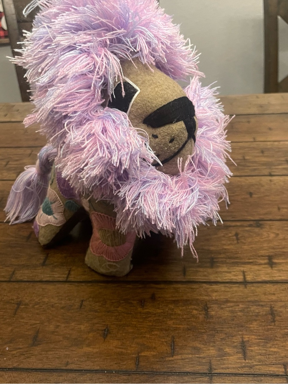 Vintage Mexican Folk Art Hand Embroidered Wool Plush Lion Colorful Yarn Mane